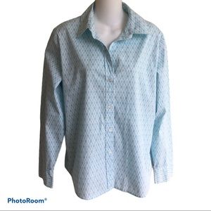 Talbots Aqua White Button Down Shirt Blouse Stretch Medium